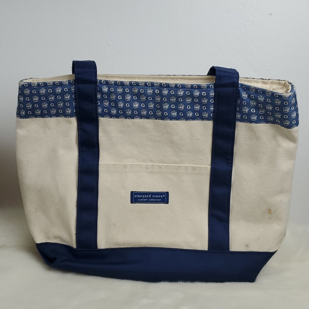 Vineyard Vines tote purse canvas cream blue